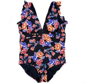 ModCloth Floral One Piece Swimsuit 2X Black Plunge Ruched